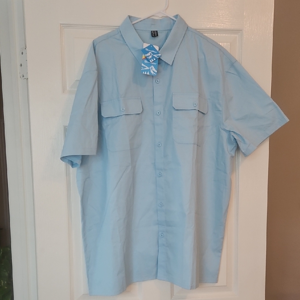 Magco Msen Casual Blue Button Down Shirt with Collar Mens XXL Short Sleeve